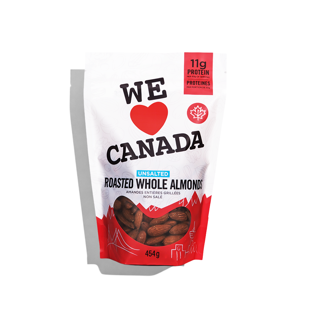 A white and red snack bag of unsalted roasted whole almonds with a heart and Maple Leaf logo, emphasizing Canada, and nutritional information indicating 11g protein per serving.