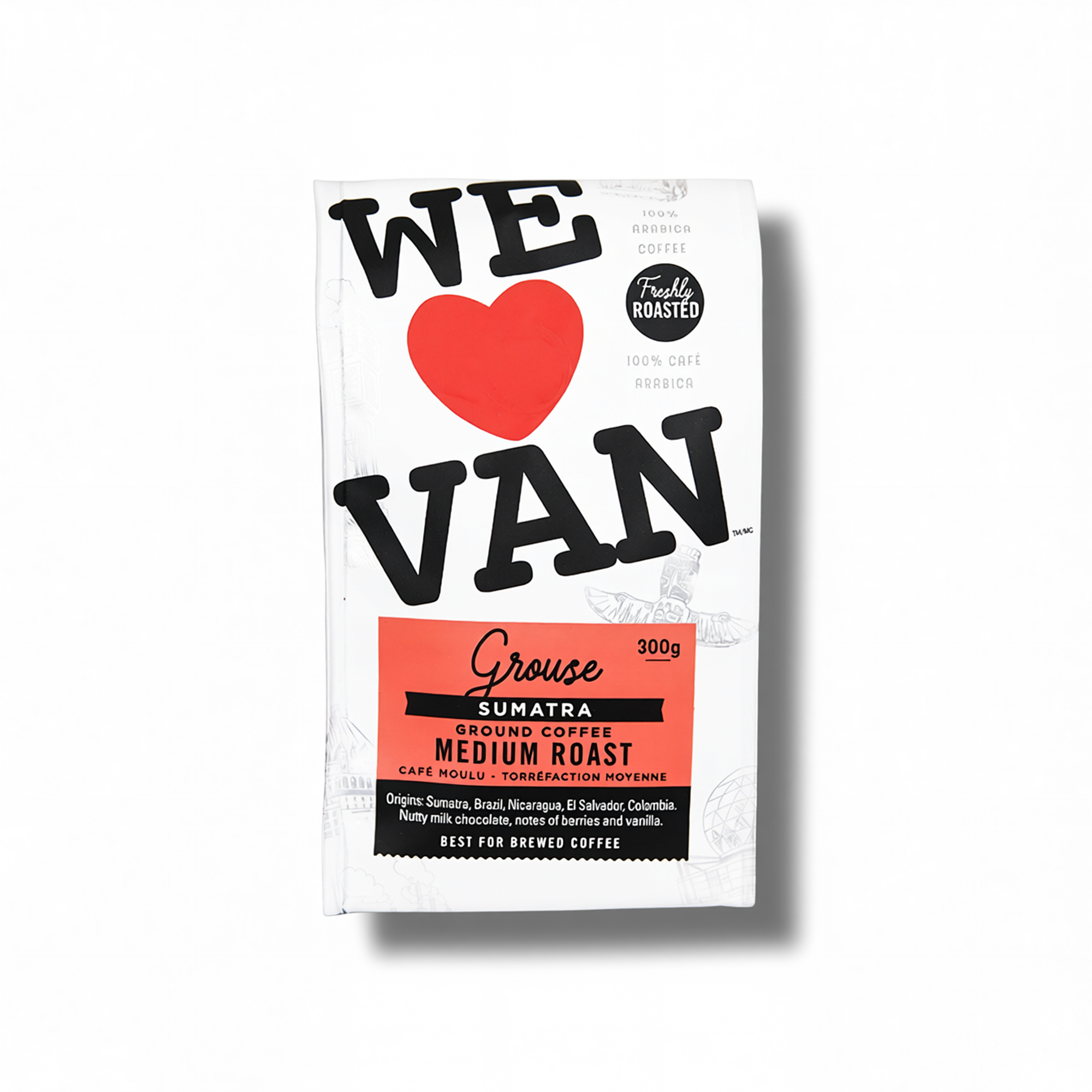 A package of Ground Coffee from the brand 'We Love Van,' featuring a red heart and black text, with details about the roast and origin.