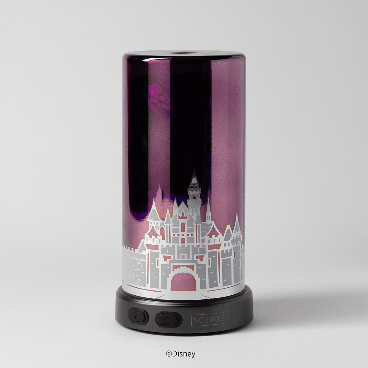 Sleeping Beauty Castle Scentsy Diffuser from the Disneyland Resort 70th Anniversary Celebration shown turned off on a grey background