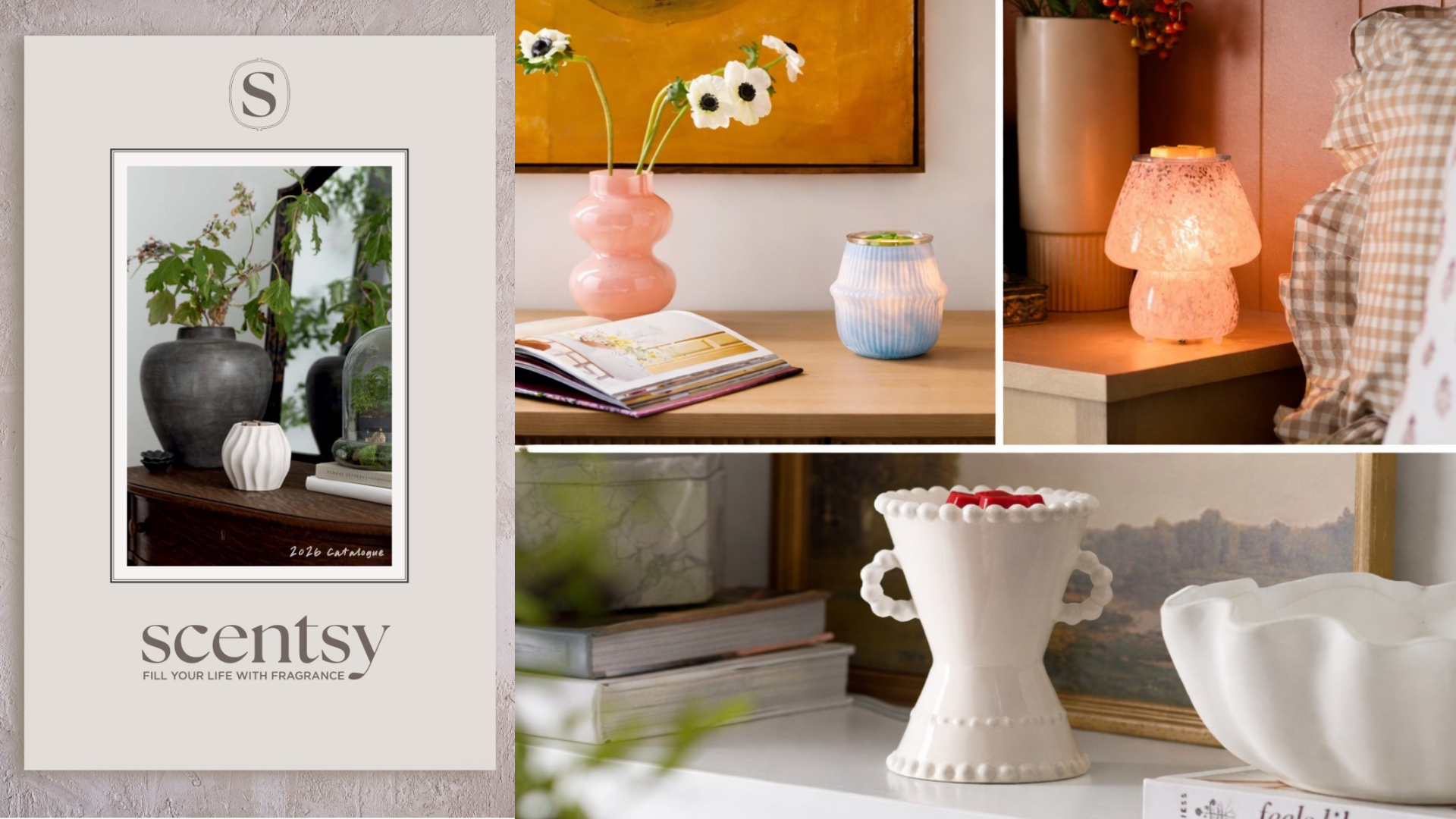 Scentsy Canada Catalog 2026 hero image featuring catalog cover and new Scentsy warmer designs