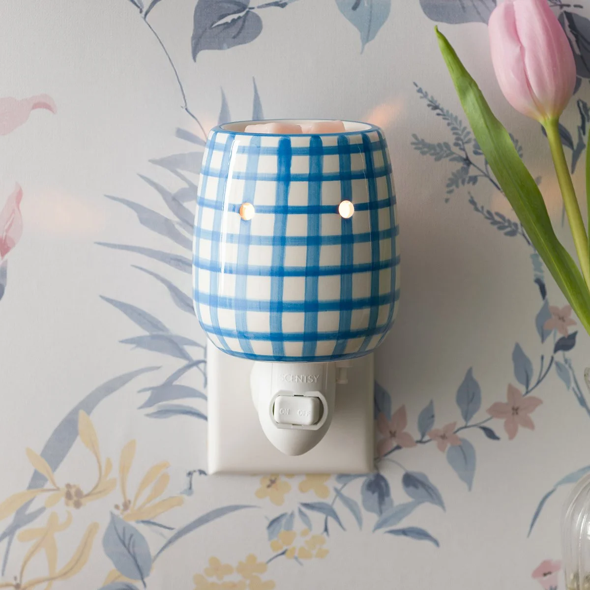 Cottage Gingham Scentsy Mini Warmer featuring a soft blue plaid pattern, designed as a plug-in warmer for small spaces.