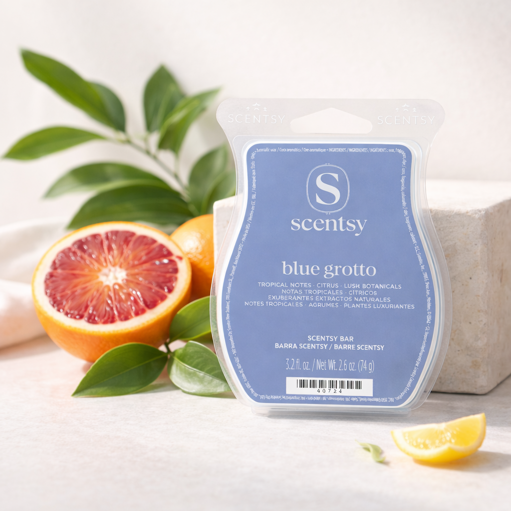 Blue Grotto Scentsy Bar styled with sliced blood orange, mandarin and lemon on a bright ivory stone surface with soft natural light
