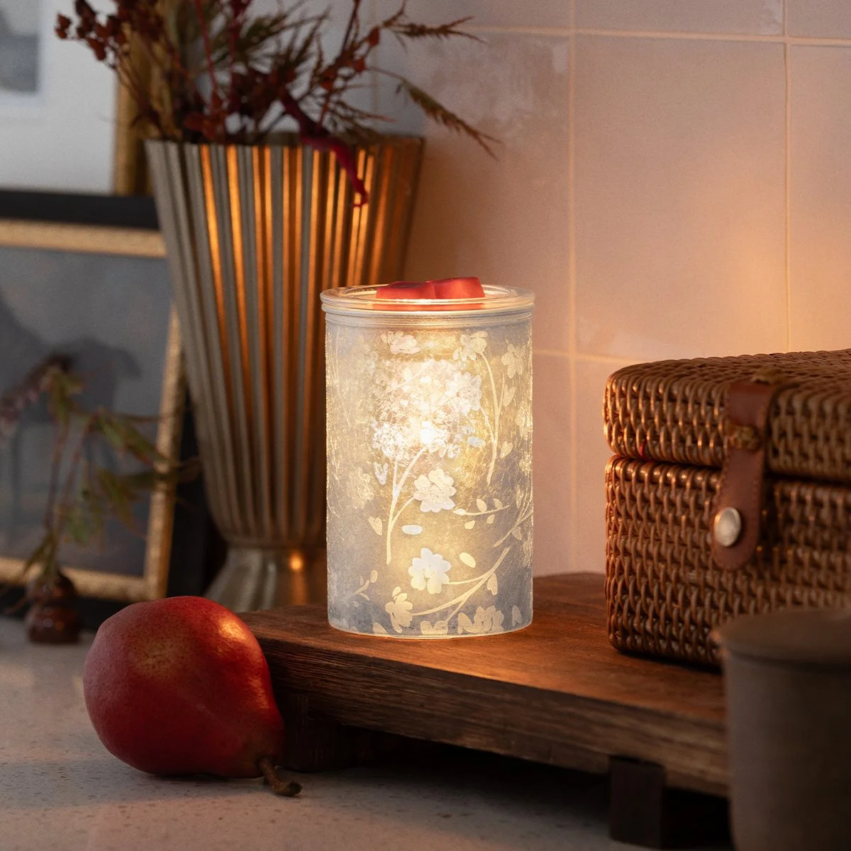 Silver Stem Scentsy warmer styled in a small space with refined home décor