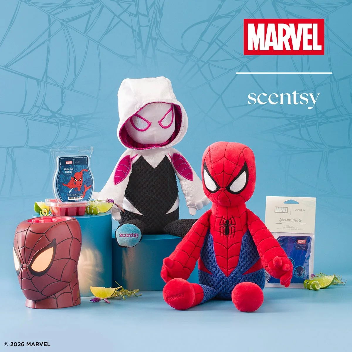 Marvel Spider-Man Scentsy Collection featuring the Amazing Spider-Man Warmer, Spider-Man and Ghost-Spider Scentsy Buddies, Team-Up Scentsy Bar and Scent Pak