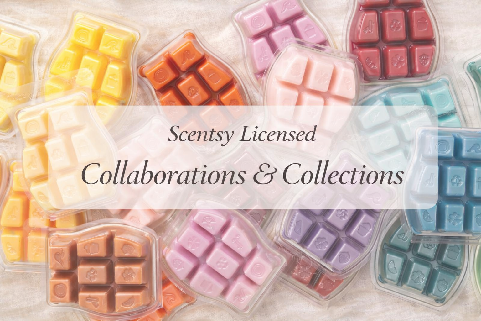 Scentsy licensed collaborations and collections featuring colourful wax bars arranged in a boutique-style display