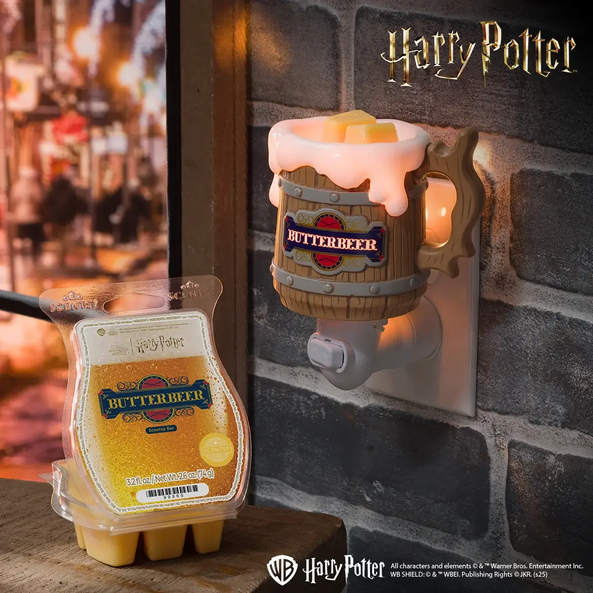 Harry Potter Butterbeer Stein Scentsy Mini Warmer glowing with Butterbeer Scentsy Wax Bar beside it