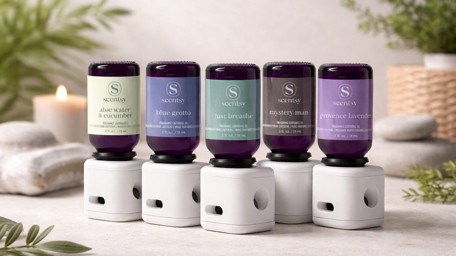 Scentsy waterless oil fragrance cartridges displayed with the Smart Diffuser in a calm, spa-inspired setting