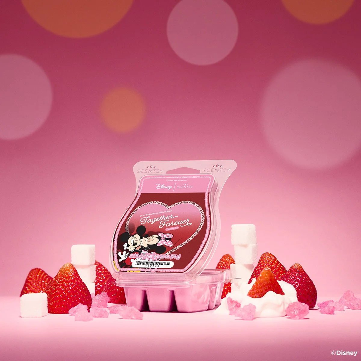 Disney Mickey Mouse & Minnie Mouse Scentsy Wax Bar styled with strawberries and sugar to reflect the fragrance notes of Together Forever