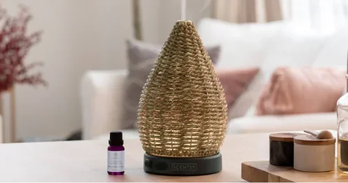 Scentsy essential oil diffuser with woven design and fragrance oil bottle on a living room table