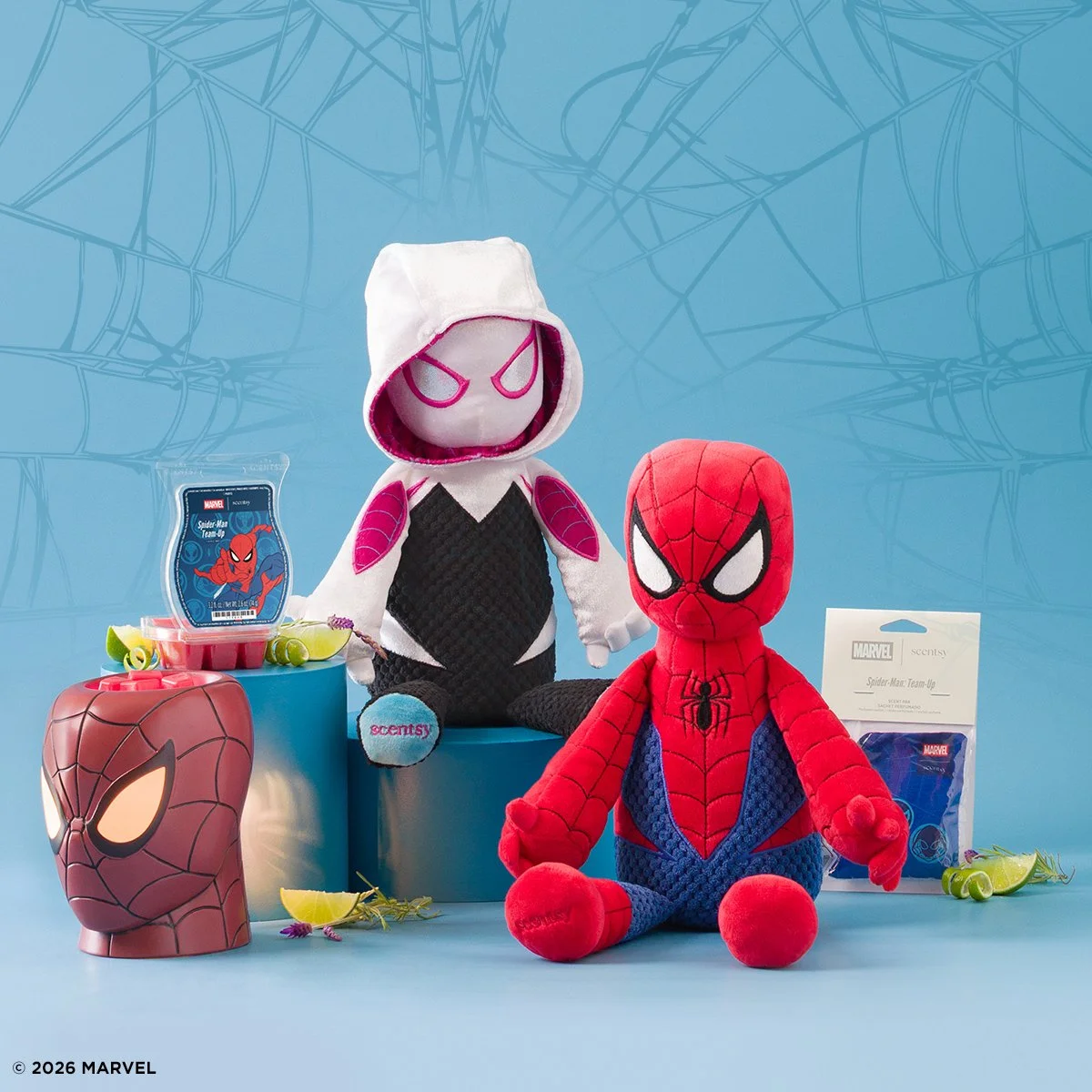 Marvel Spider-Man Scentsy Collection featuring the Spider-Man Warmer, Spider-Man Buddy, Ghost-Spider Buddy, Spider-Man: Team-Up Scentsy Bar and Scent Pak