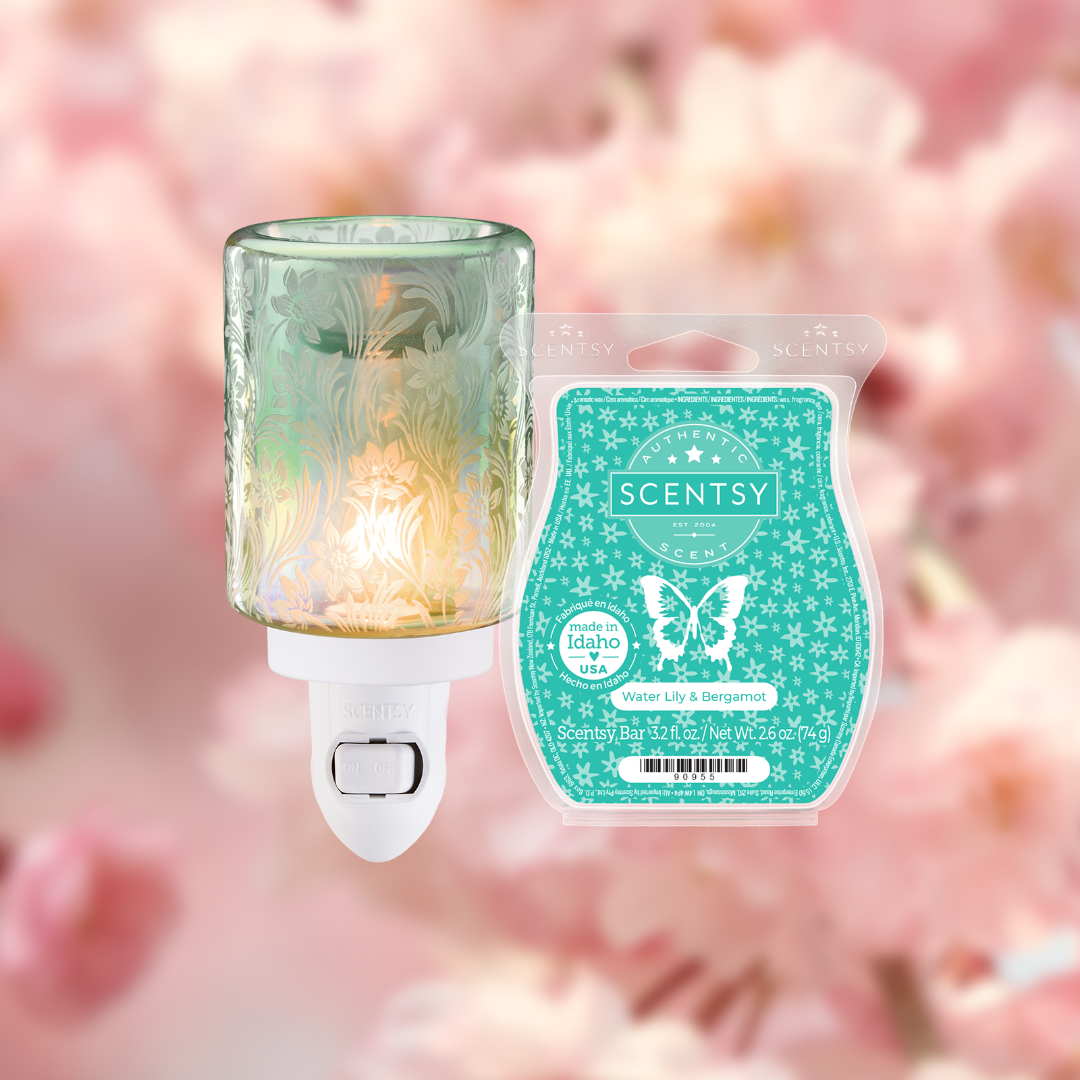 Lily Garden Scentsy Mother’s Day bundle with a soft green floral mini warmer and Water Lily & Bergamot wax bar.