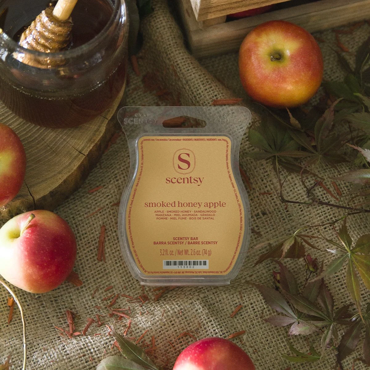 Scentsy Smoked Honey Apple Wax Bar from the Harvest Collection 2026 featuring crisp red apples, smoke-infused honey and a touch of incense