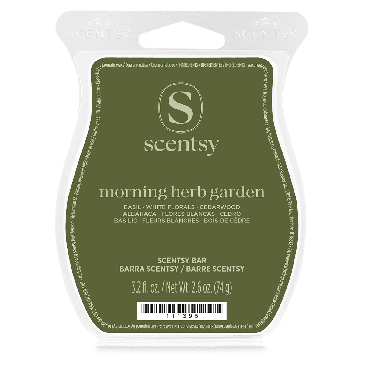 Morning Herb Garden Scentsy Wax Bar packaging showing basil white florals cedarwood fragrance label