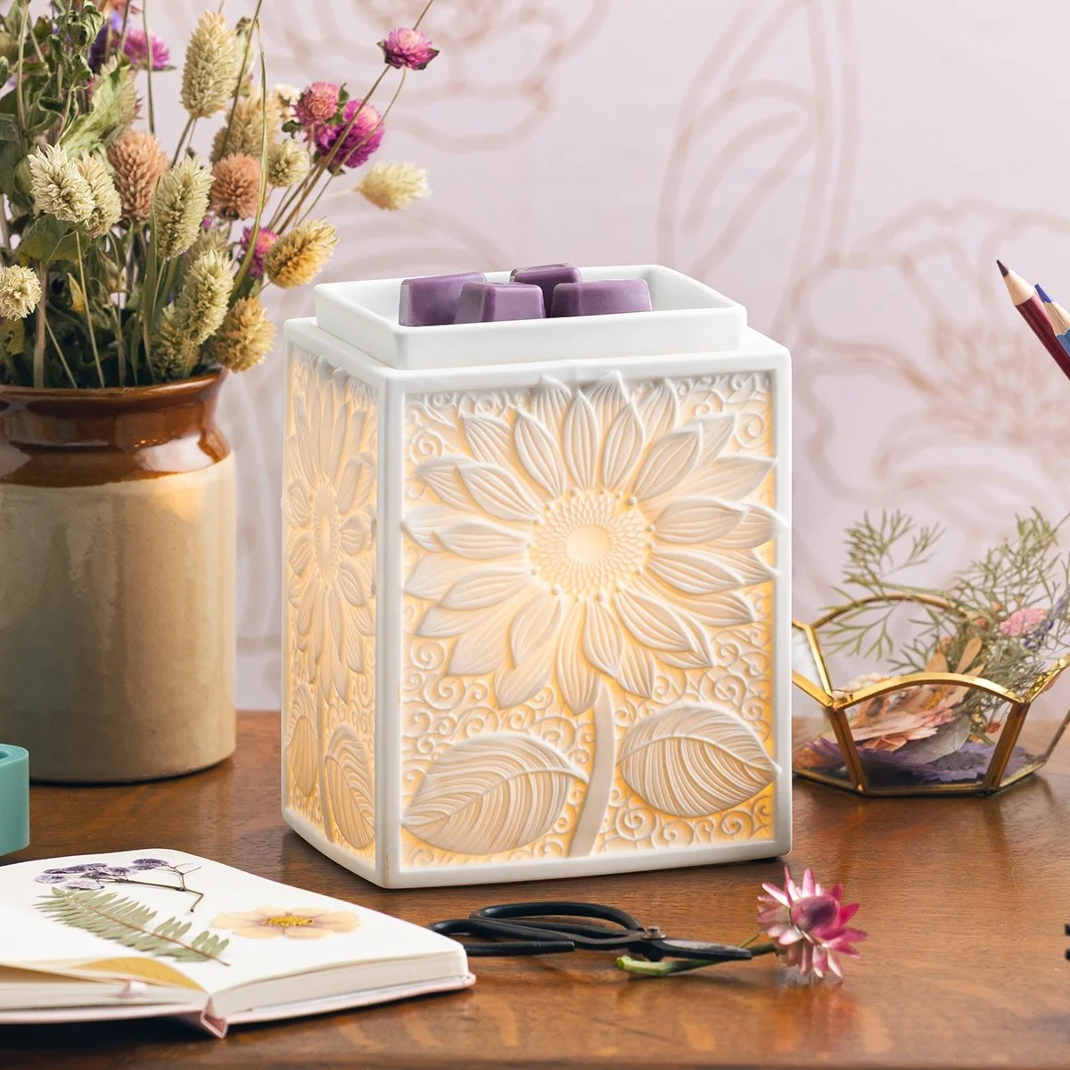 Sunburst Scentsy Warmer styled in a bright, cheerful living space