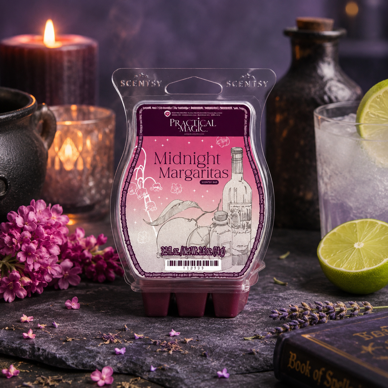 Scentsy Practical Magic Midnight Margaritas Wax Bar styled with fresh lime, candlelight and floral accents inspired by the Practical Magic Collection