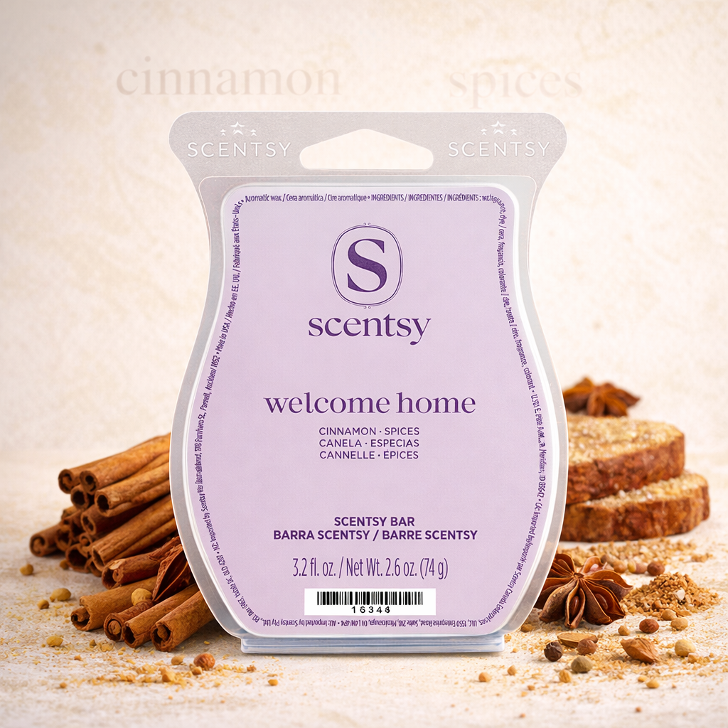 Welcome Home Scentsy wax bar styled in a boutique square image with cinnamon sticks, star anise and warm baking spices on a soft neutral background.
