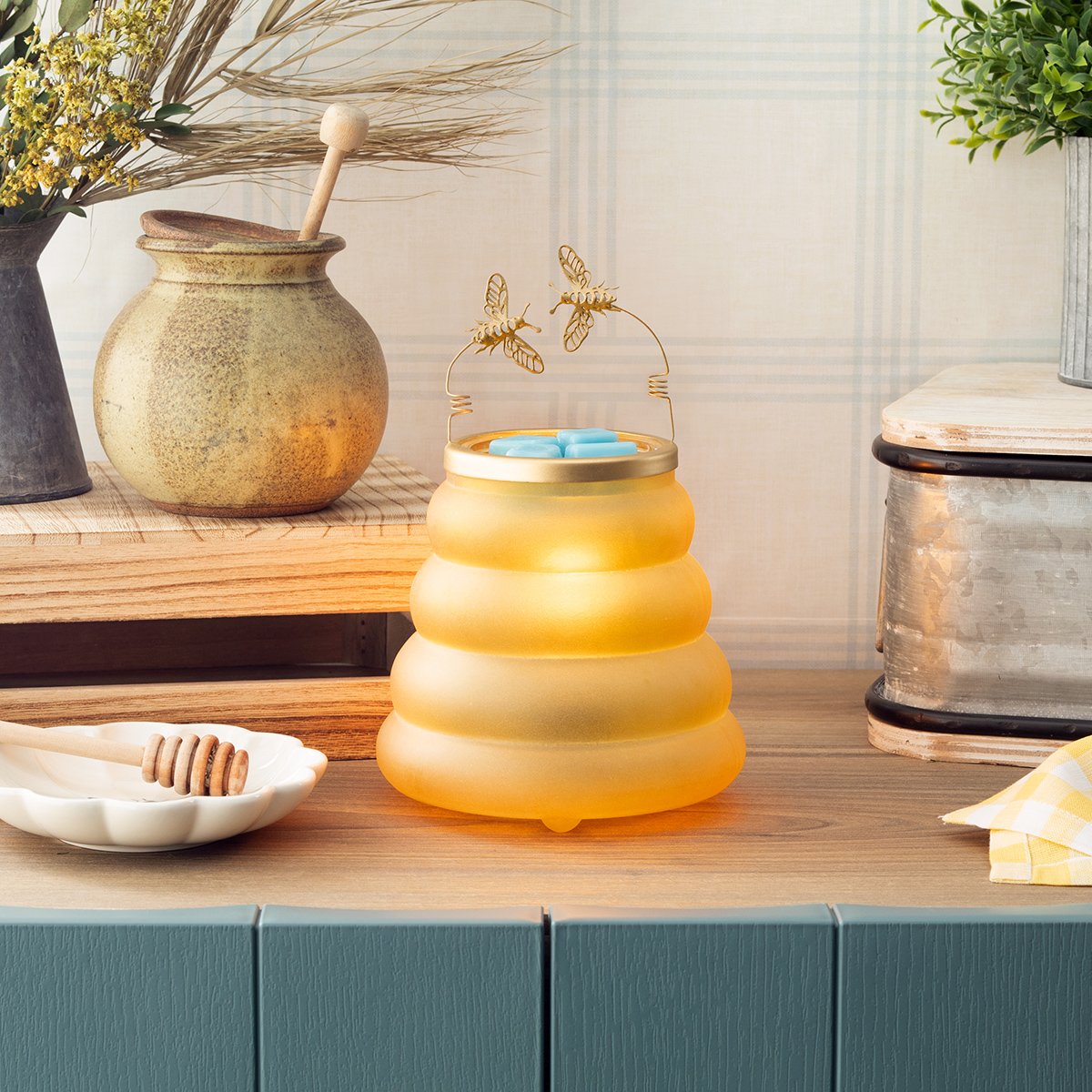 Beehive Scentsy Warmer styled in a warm kitchen or sunroom