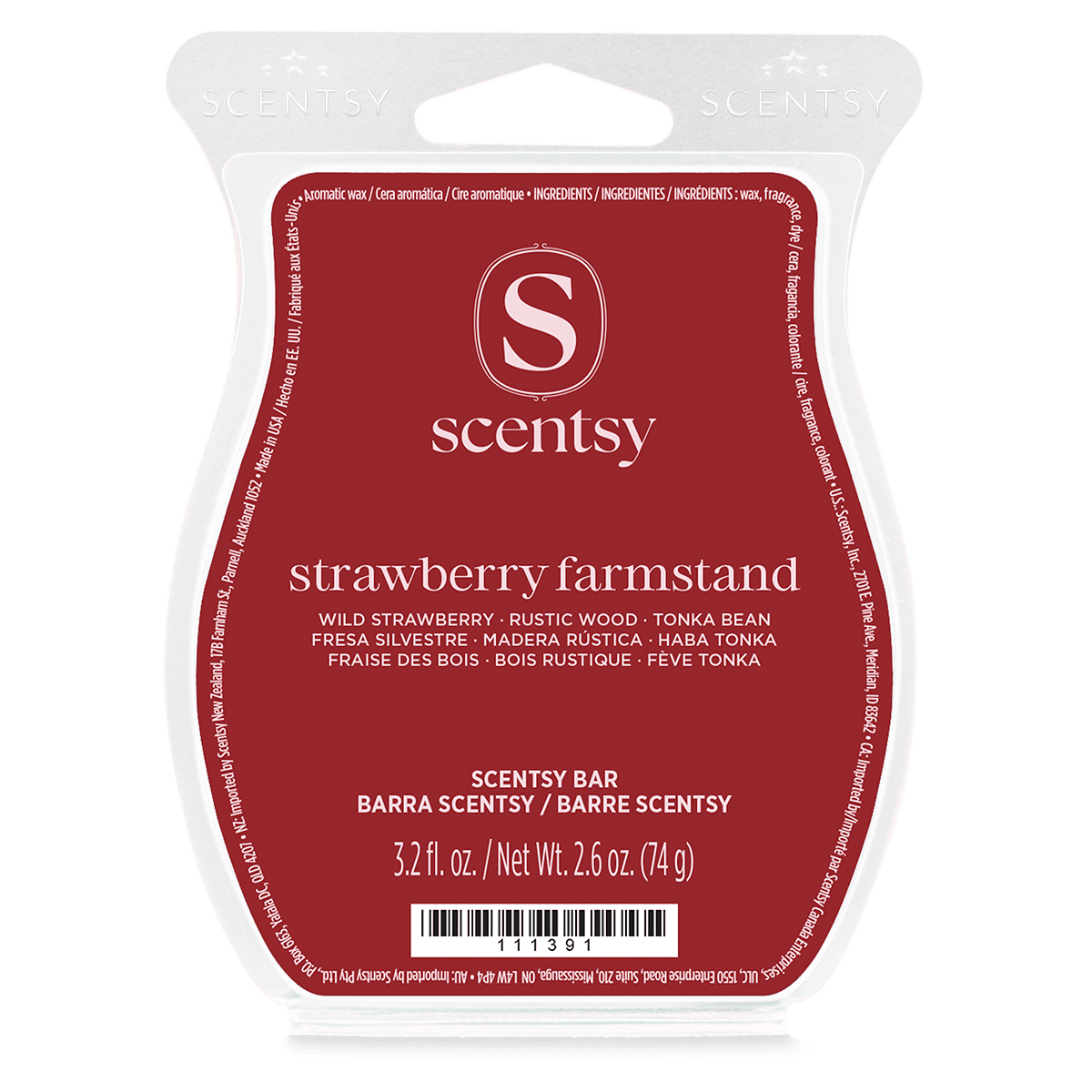 Strawberry Farmstand Scentsy Wax Bar packaging showing wild strawberry rustic wood tonka bean fragrance