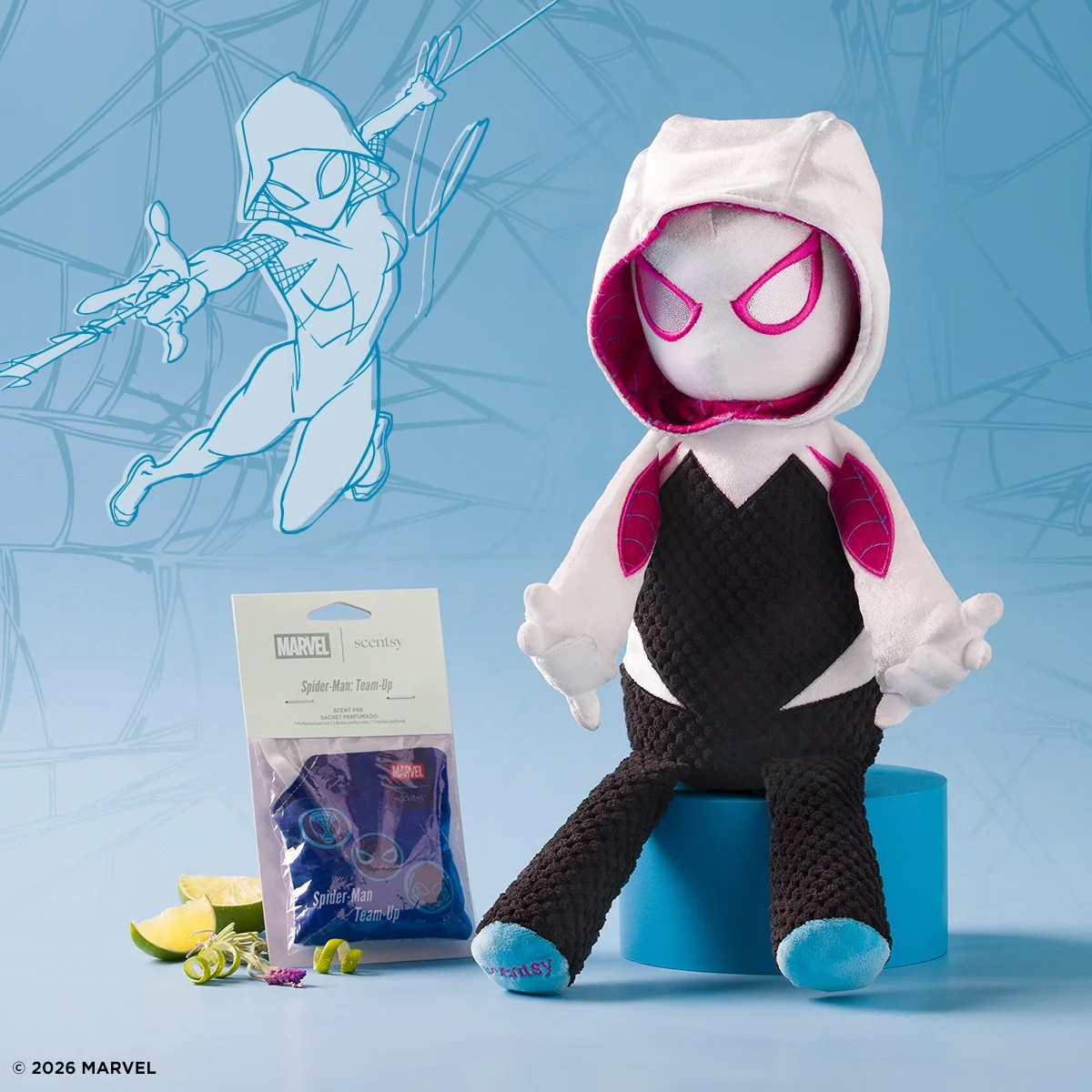Ghost-Spider Scentsy Buddy displayed with the Spider-Man: Team-Up Scent Pak on a blue background with Spider-Verse-inspired artwork