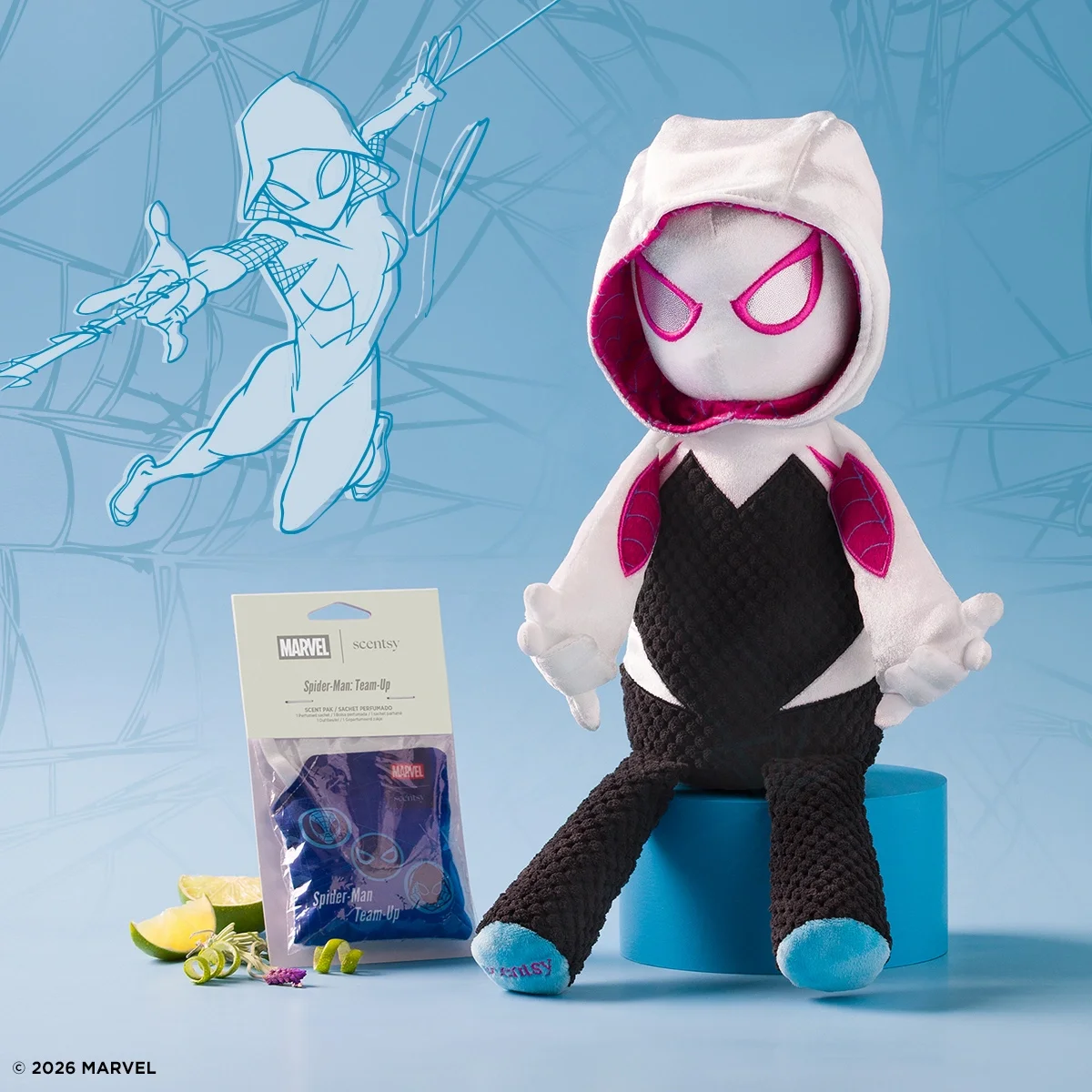 Marvel Ghost-Spider Scentsy Buddy displayed with packaged Spider-Man Team-Up Scent Pak