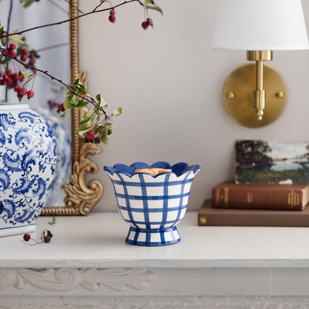 Bluebell Gingham Scentsy element warmer styled on a shelf with classic décor