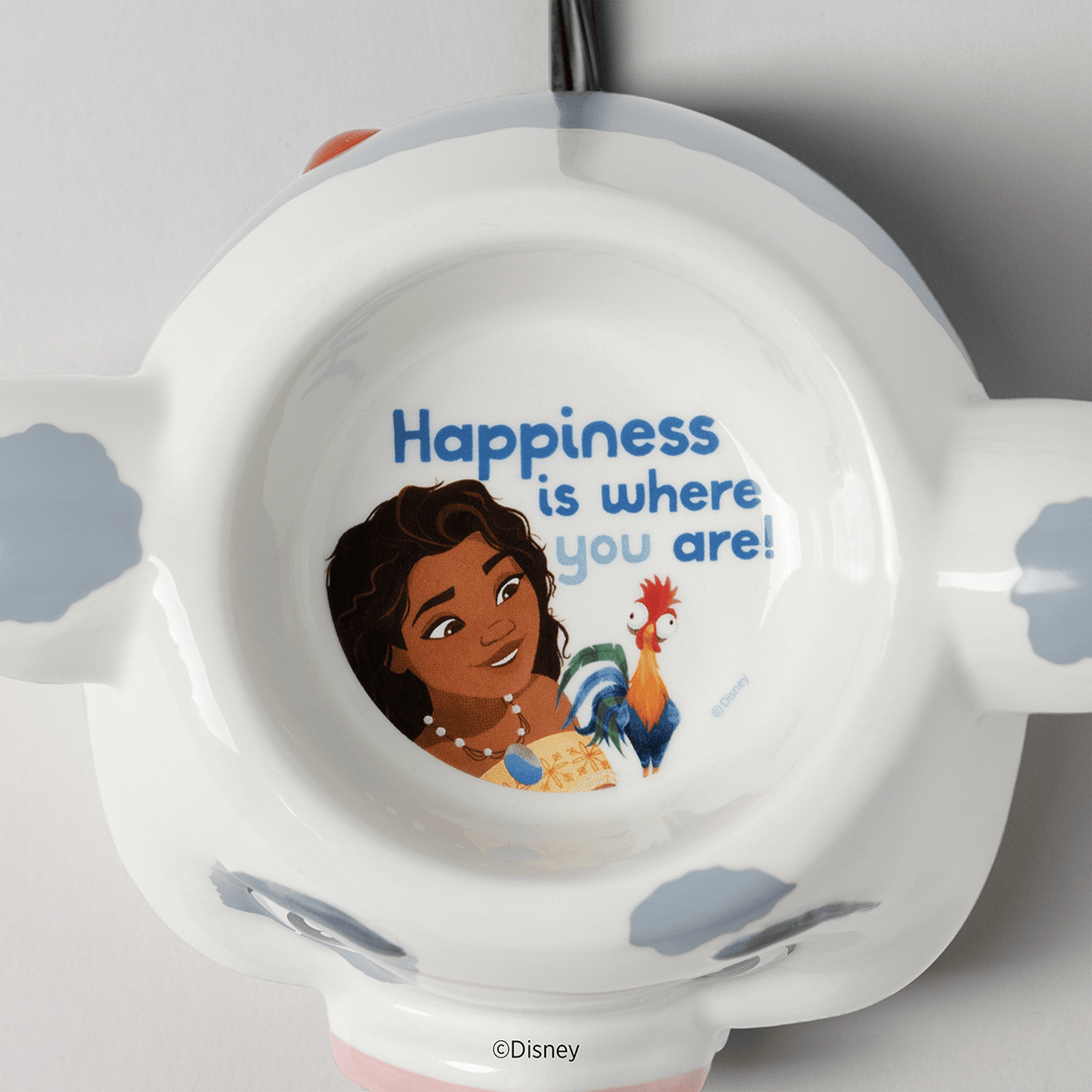 Inside view of the Disney Pua: Warm Fuzzies Scentsy Warmer featuring Moana and Hei Hei artwork with the phrase "Happiness is where you are!"