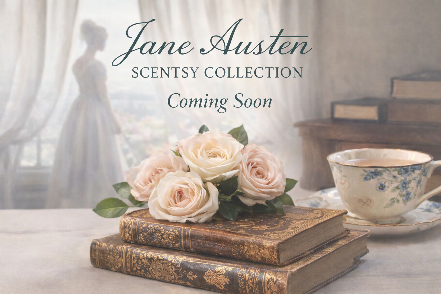 Jane Austen inspired Scentsy collection coming soon banner with vintage books, roses and teacup in a soft romantic setting