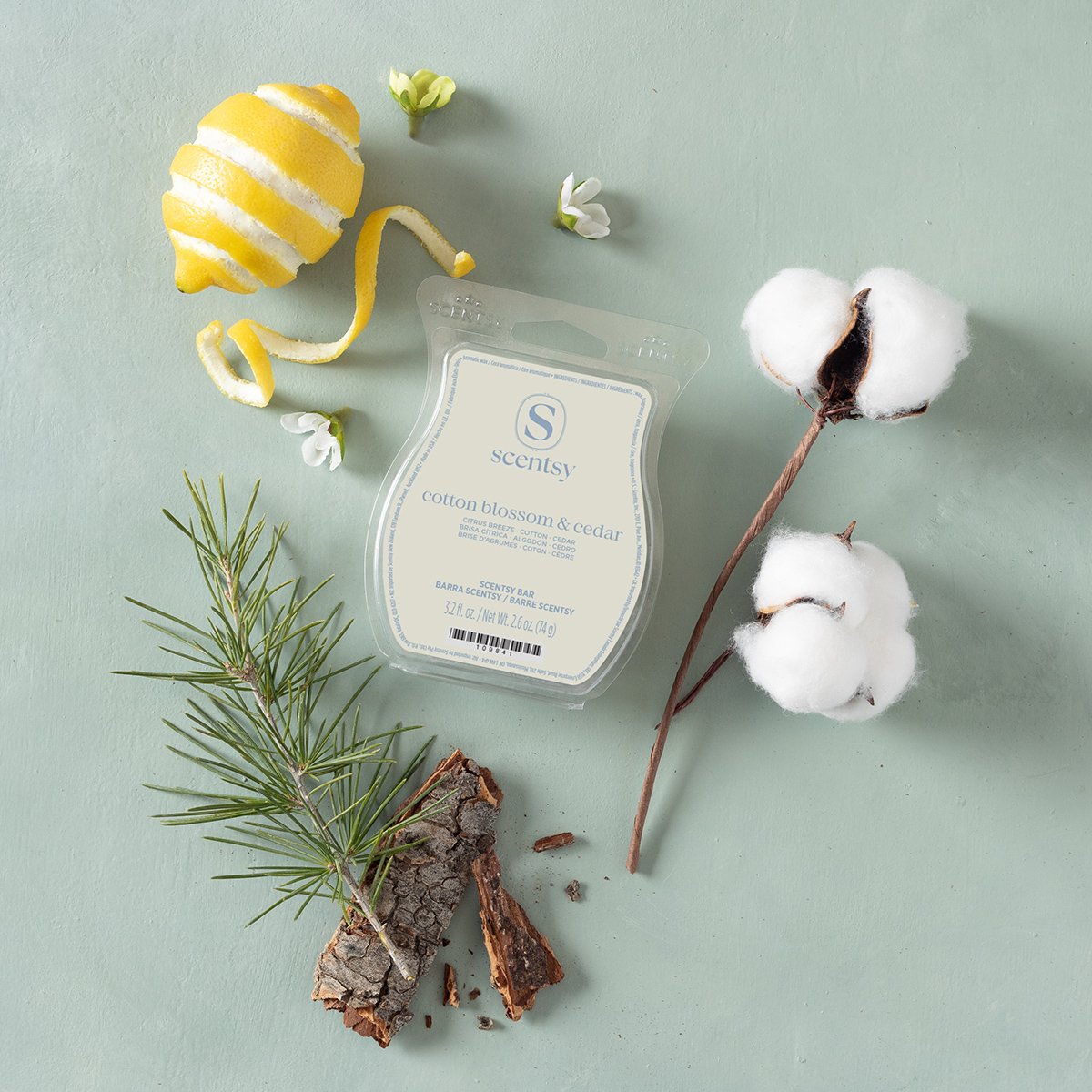 Cotton Blossom & Cedar Scentsy Wax Bar styled with fragrance notes of citrus and cedar