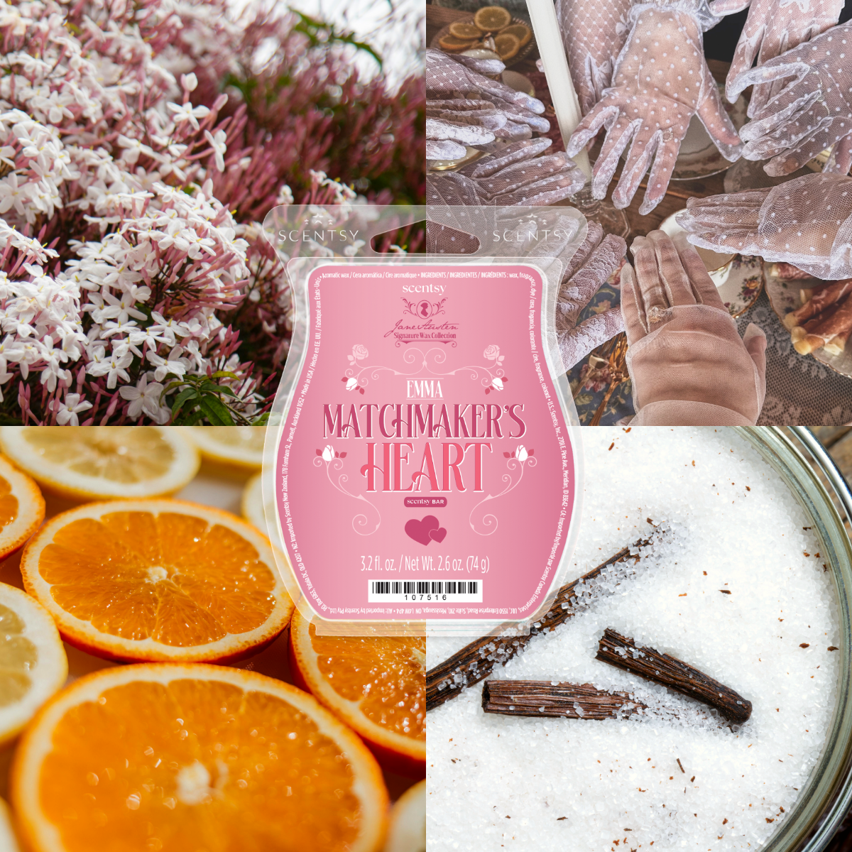Emma Matchmaker’s Heart Scentsy wax bar styled with citrus slices, florals and soft romantic textures