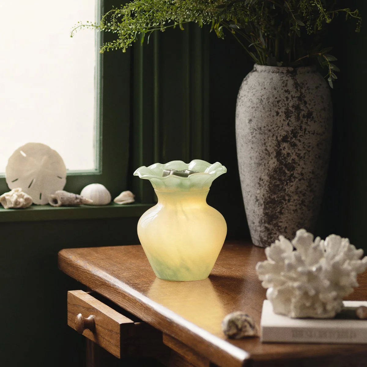 Seafoam Bloom Scentsy warmer styled on a wooden table with coastal-inspired décor