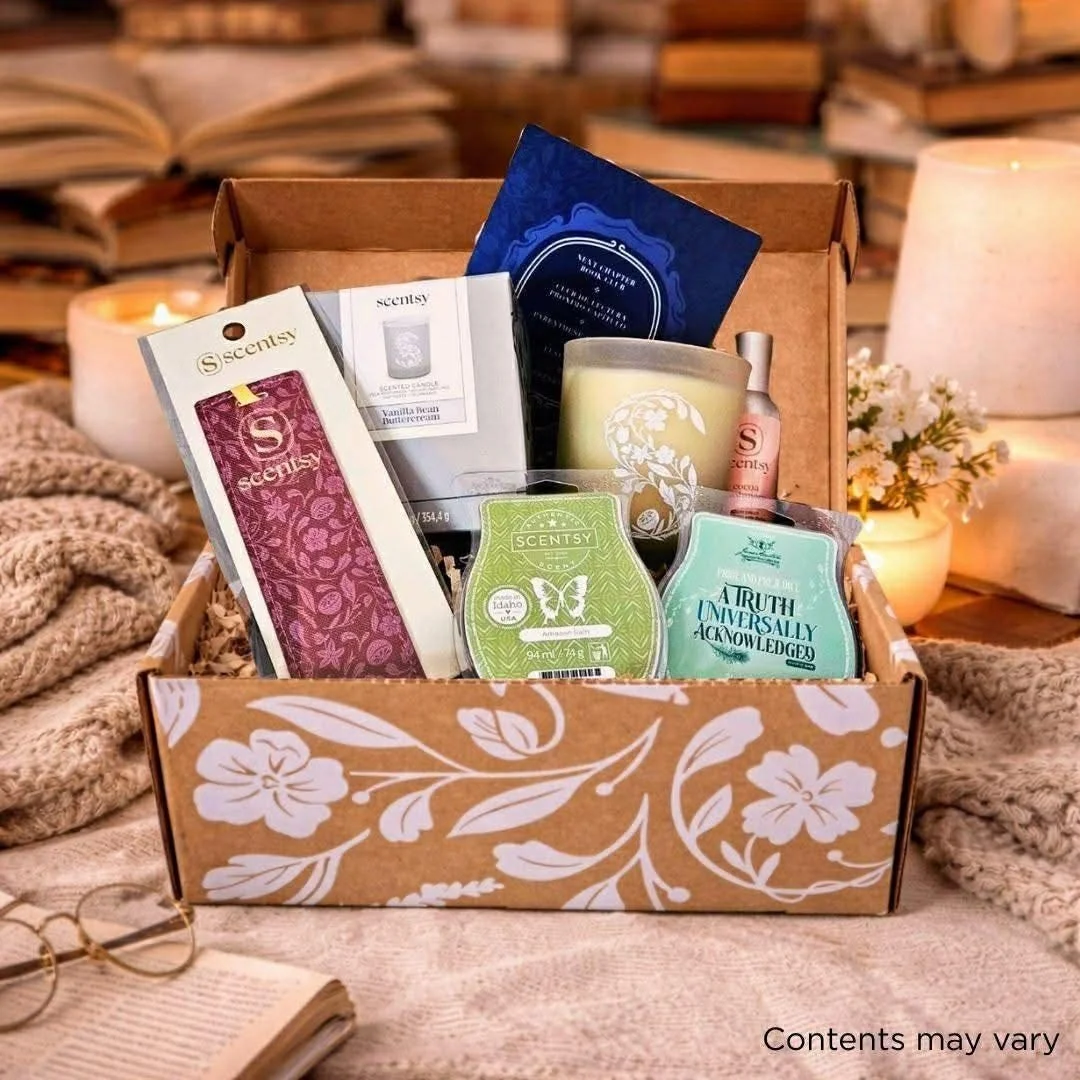 Scentsy April Whiff Box open displaying monthly products including warmer, fragrance items and accessories