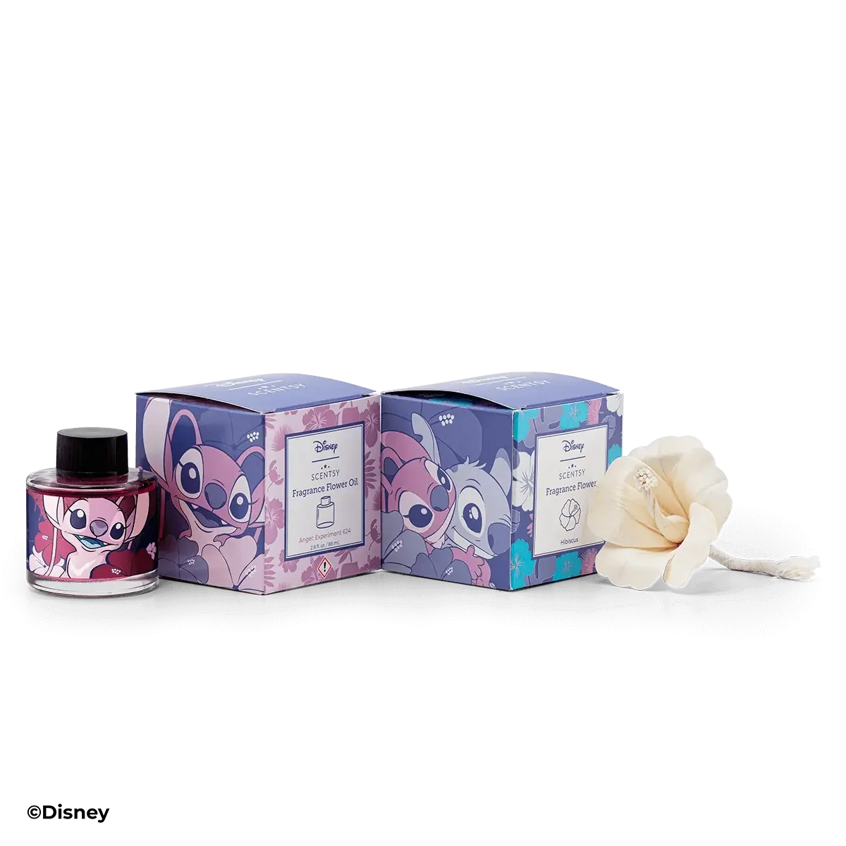 Angel Experiment 624 Hibiscus Scentsy Fragrance Flower components displayed with product packaging on a white background