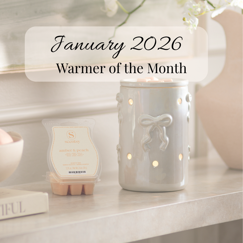 Scentsy dreamers bow warmer styled with the peah & amber wax bar