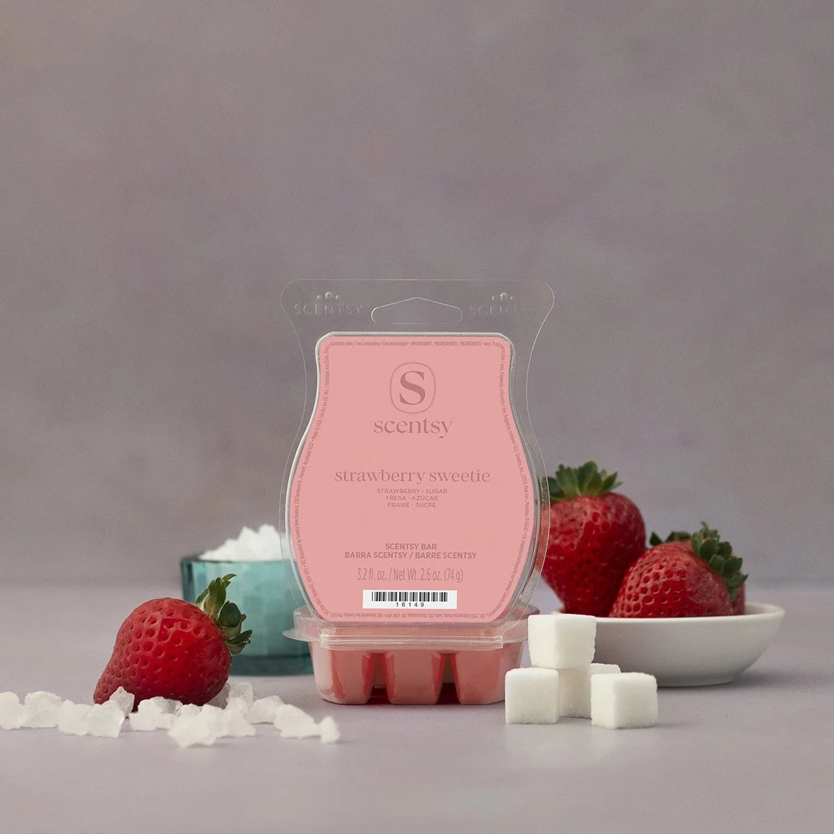 Strawberry Sweetie Scentsy Wax Bar styled with ripe strawberries, sugar crystals and creamy vanilla accents on a bright, playful background