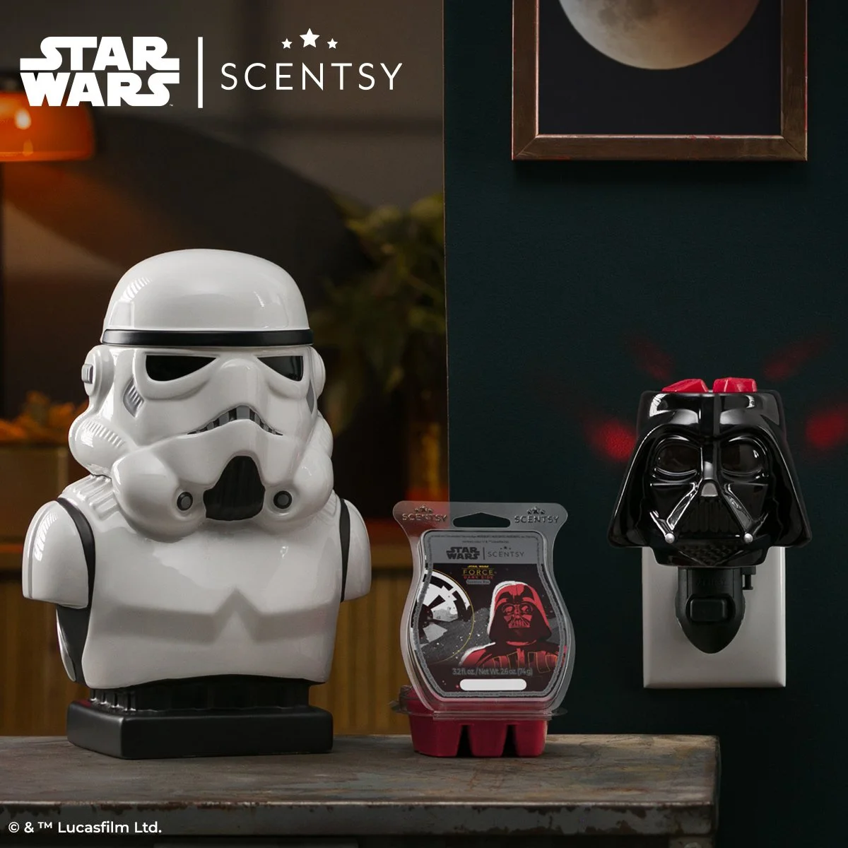 Stormtrooper Scentsy Warmer and Darth Vader mini warmer with Star Wars wax bar on a modern tabletop display