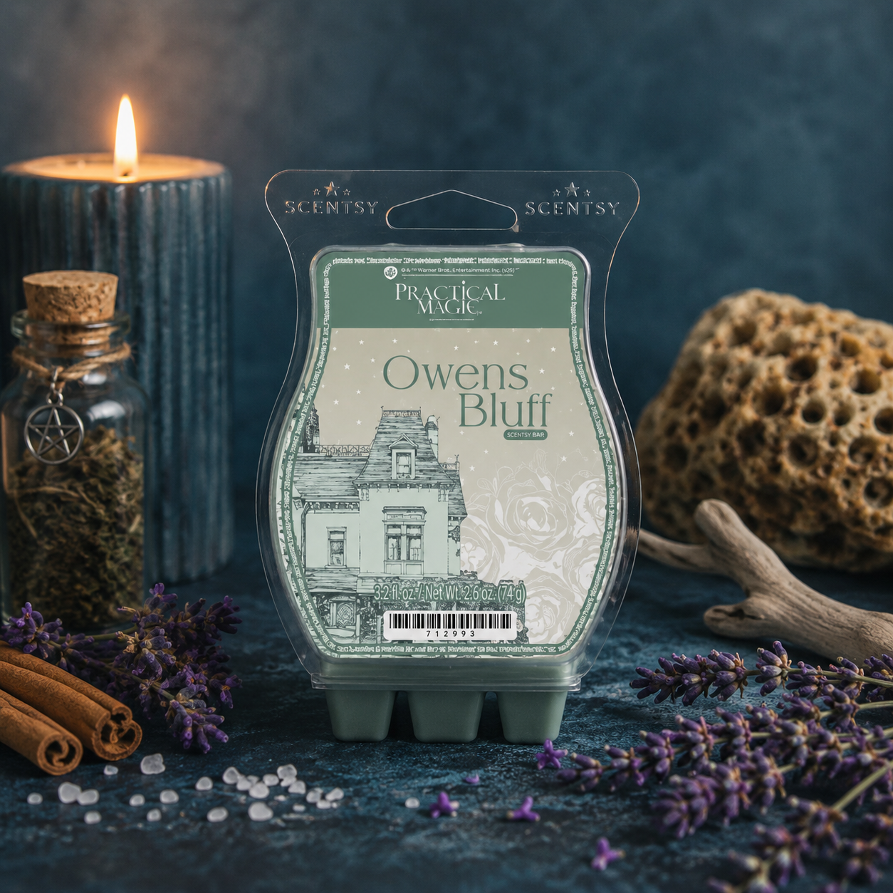 Scentsy Practical Magic Owens Bluff Wax Bar styled with lavender, cinnamon sticks, candlelight and rustic décor inspired by the Practical Magic Collection