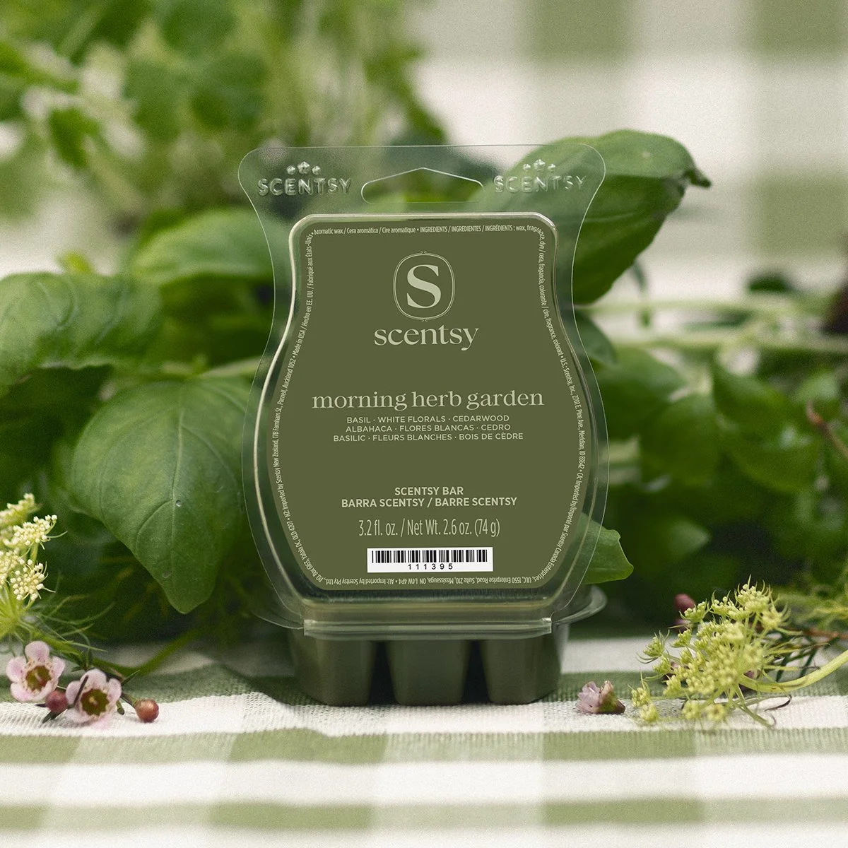 Morning Herb Garden Scentsy Wax Bar styled with fresh herbs and greenery on a checkered surface