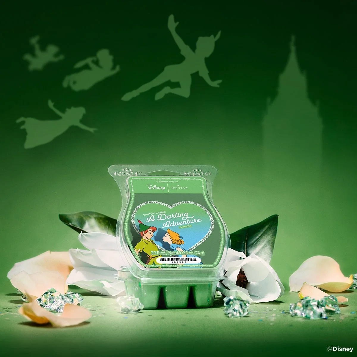 Disney Peter Pan & Wendy: A Darling Adventure Scentsy Wax Bar styled with magnolia petals and greenery for a light, dreamy floral mood