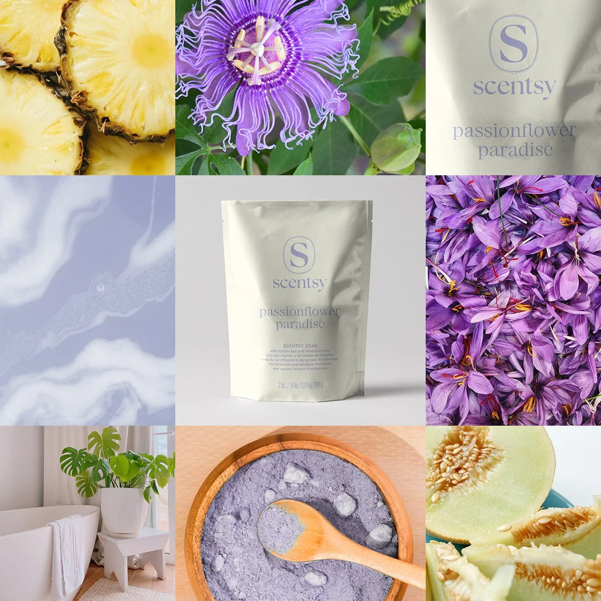 A lifestyle collage representing the Passionflower Paradise Scentsy Soak fragrance, featuring tropical fruits, florals and soft bath-inspired textures.