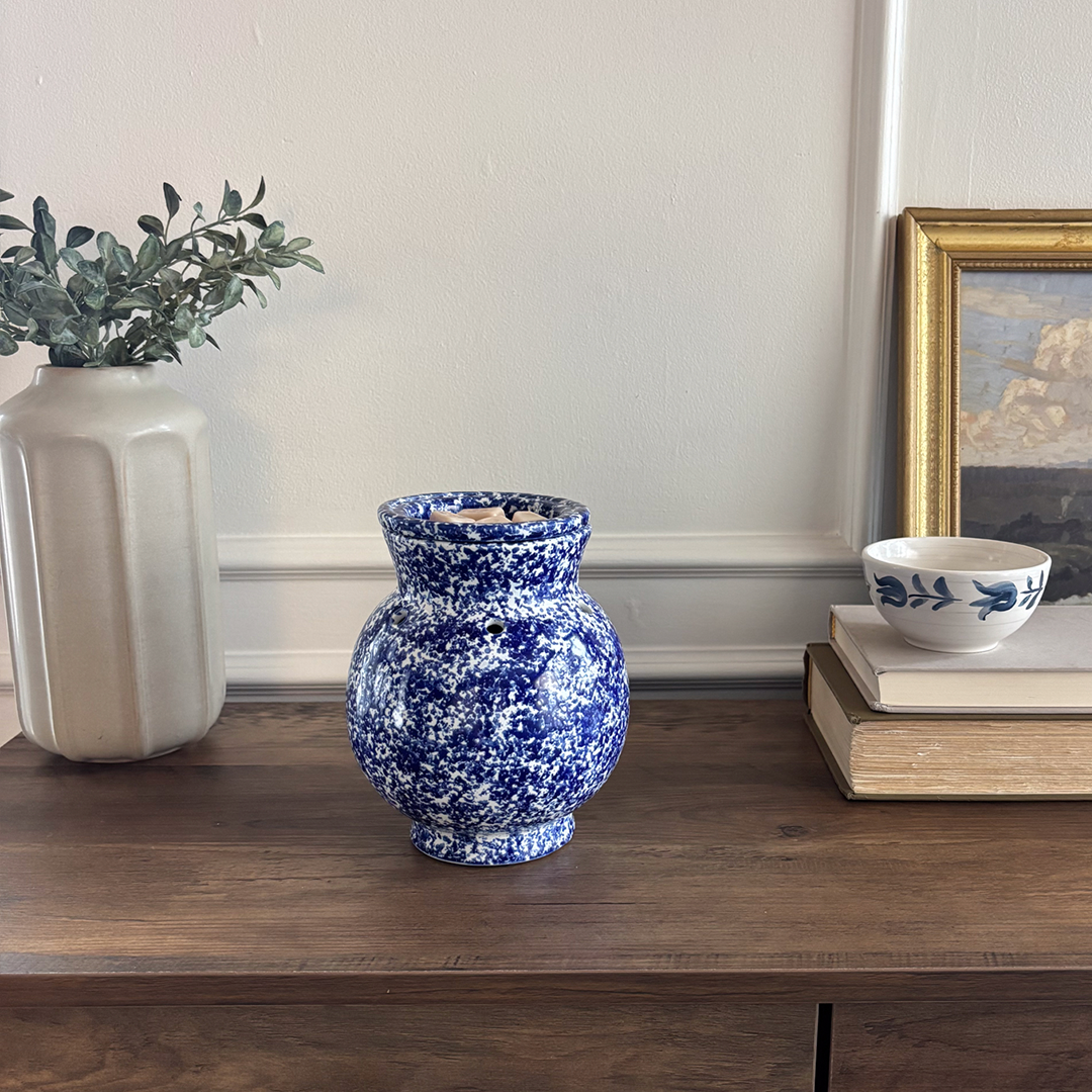 Blue Spongeware Scentsy warmer styled on a shelf with classic blue and white décor