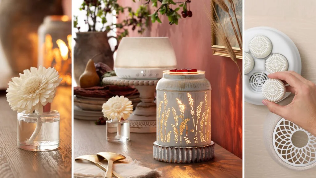 Glowing Scentsy warmers styled in a boutique home décor setting, supporting customers across Alberta with personalized home fragrance service