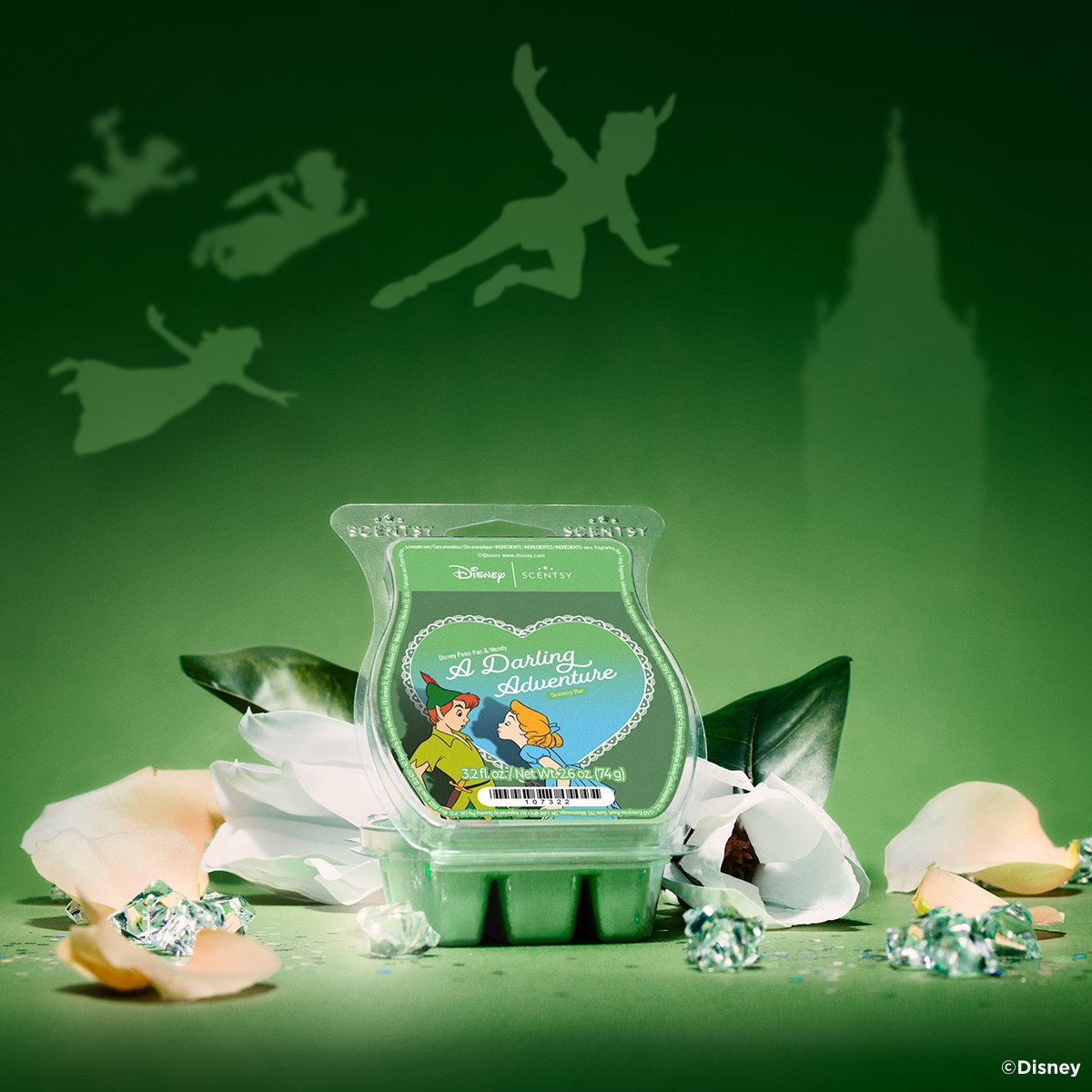 Disney Peter Pan & Wendy A Darling Adventure Scentsy Wax Bar styled with magnolia and rose petals to reflect the fragrance notes