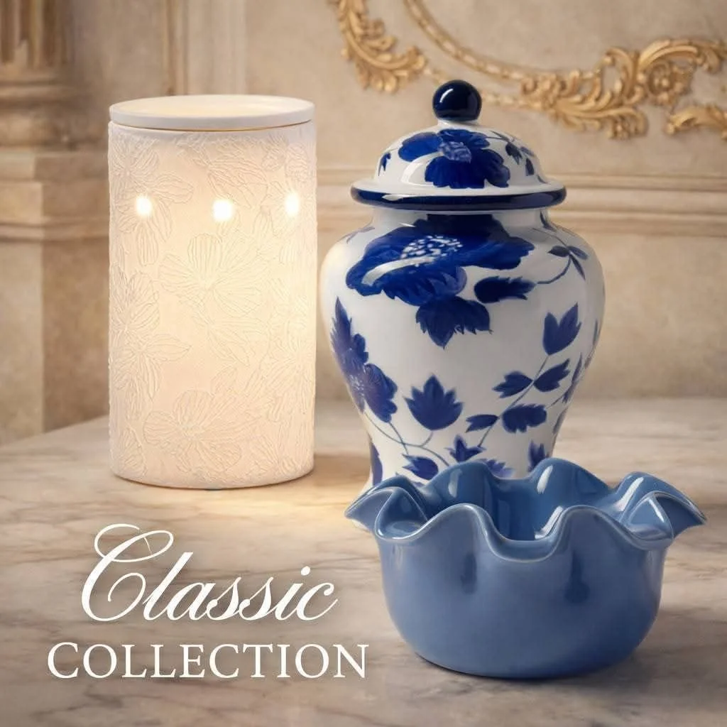 Scentsy Classic Collection warmers in Canada featuring blue and white porcelain jar, soft white etched warmer, and decorative ceramic bowl in elegant neutral setting
