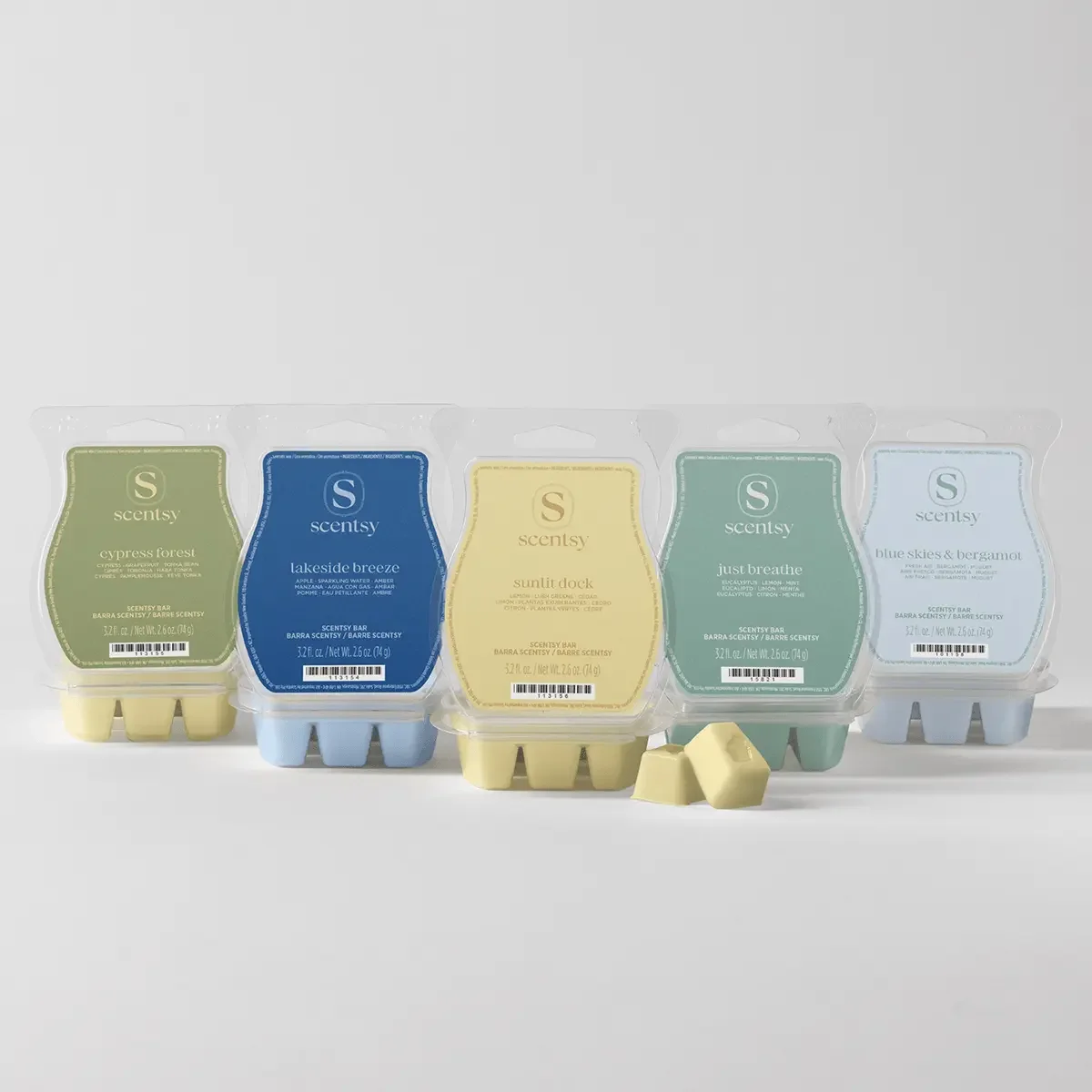 Scentsy Cozy Cabin Bar 5-pack with Cypress Forest, Lakeside Breeze, Sunlit Dock, Just Breathe and Blue Skies & Bergamot
