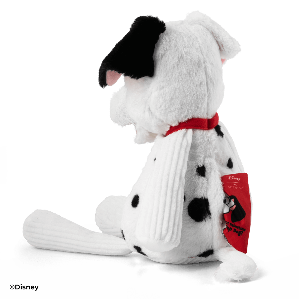 Back view of Patch 101 Dalmatians Scentsy Buddy with zippered pocket open, displaying the removable Scentsy Scent Pak inside
