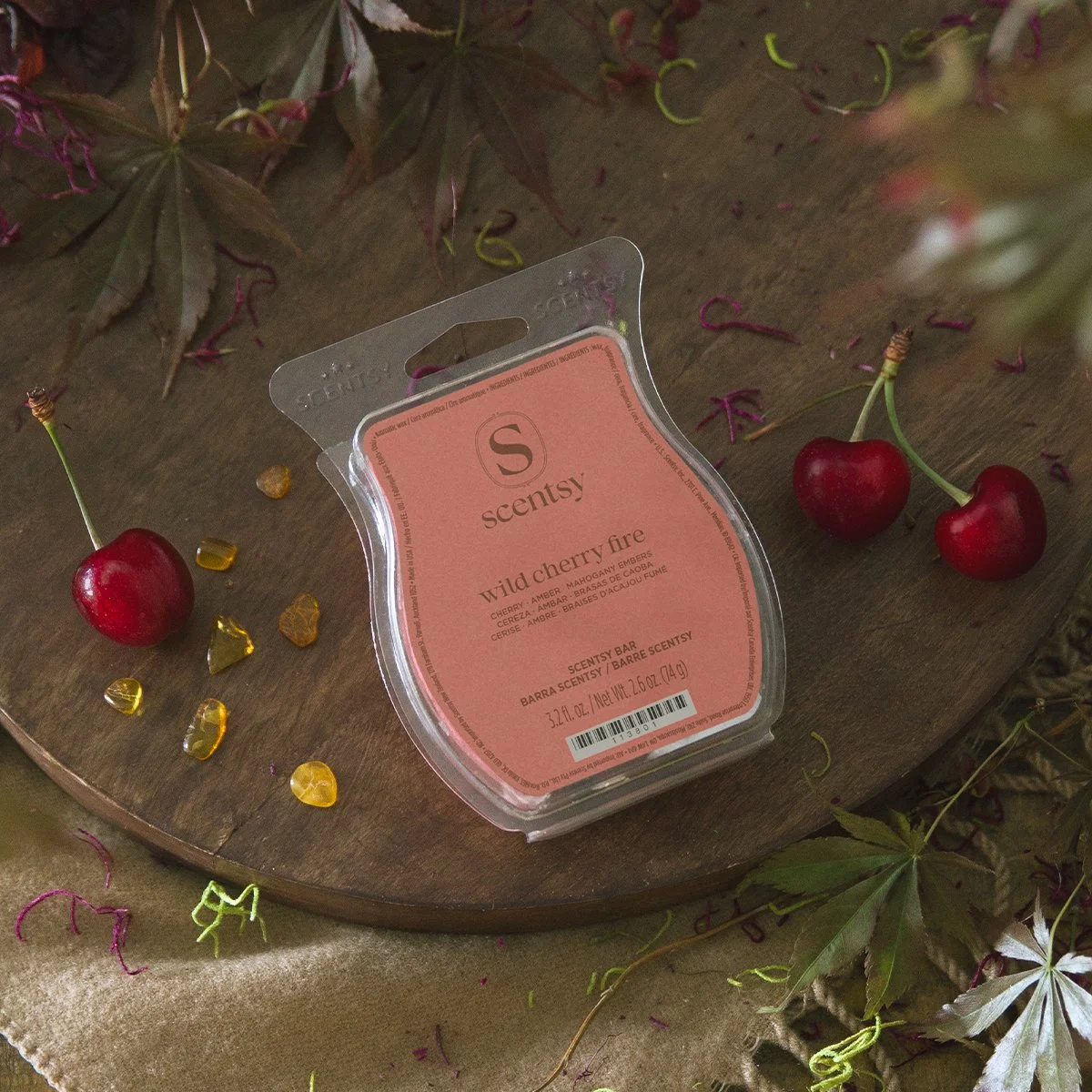 Scentsy Wild Cherry Fire Wax Bar from the Harvest Collection 2026 featuring candied cherries, smoky amber resin and fine leather