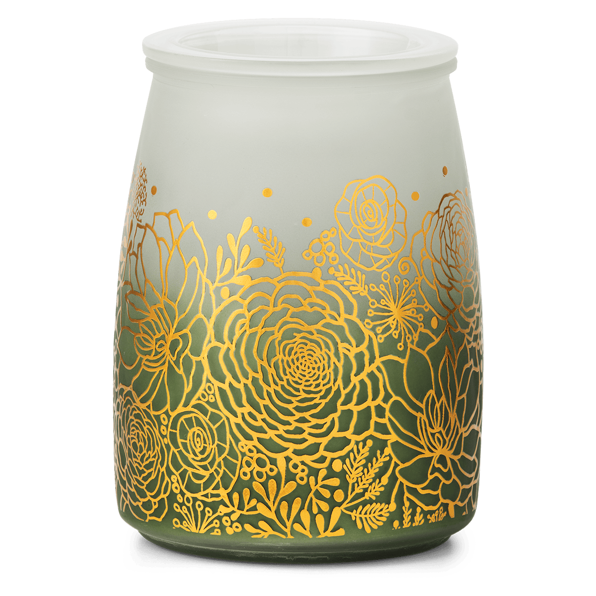 Tranquil Glow Scentsy Warmer with gold succulent design on a white background