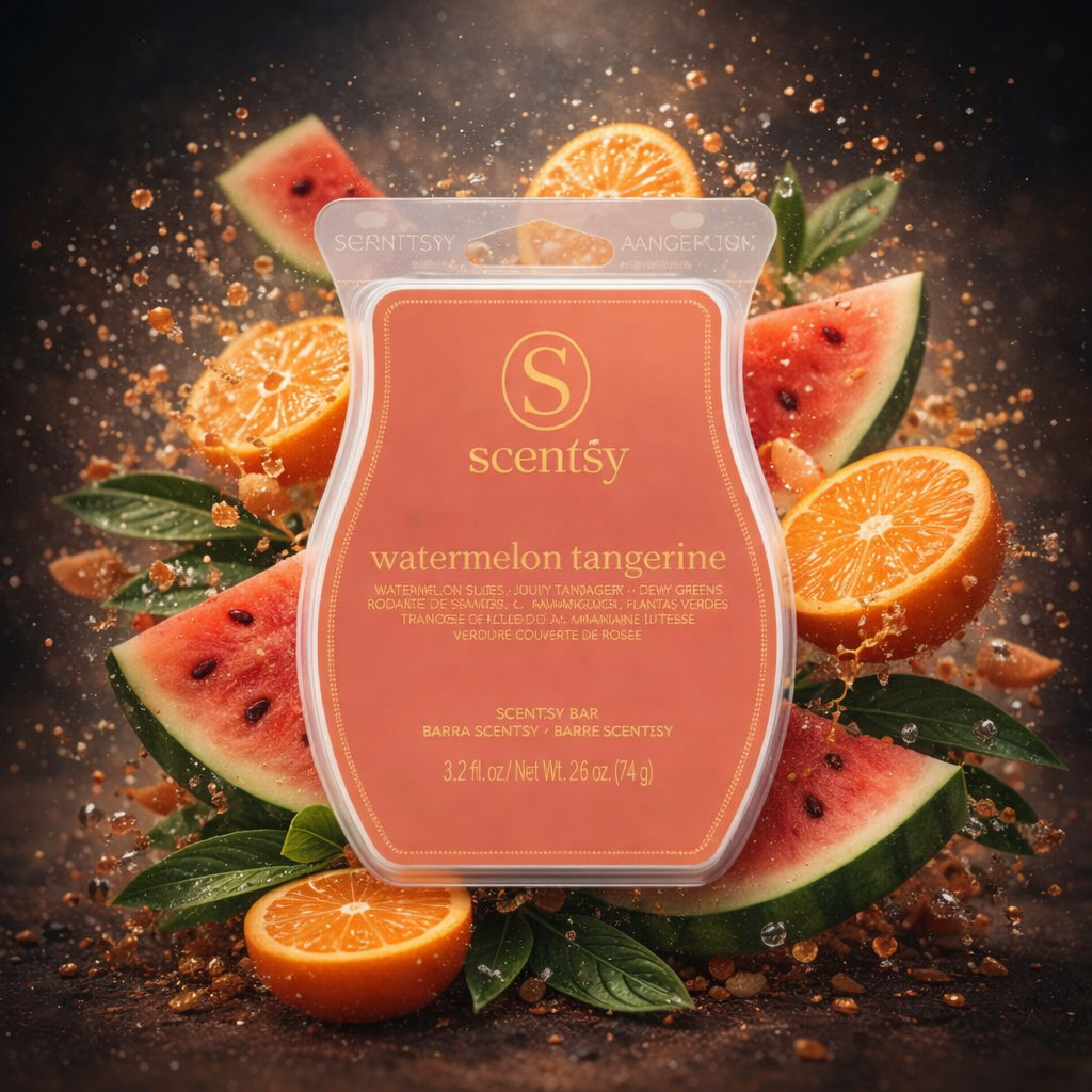 Watermelon Tangerine Scentsy Wax Bar surrounded by juicy watermelon slices, fresh tangerine halves and green leaves with sparkling water droplets on a dark background.