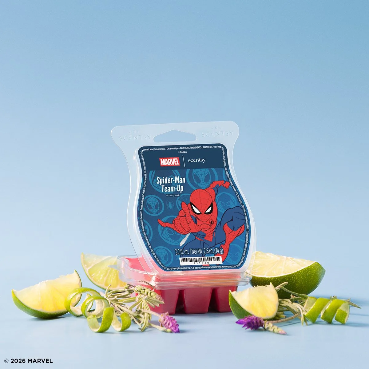 Spider-Man: Team-Up Scentsy Bar featuring notes of lime zest, blue tea and lavender