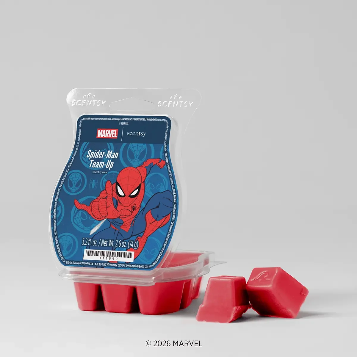 Spider-Man Team Up Scentsy Bar with red wax cubes featuring Marvel Spider-Man packaging